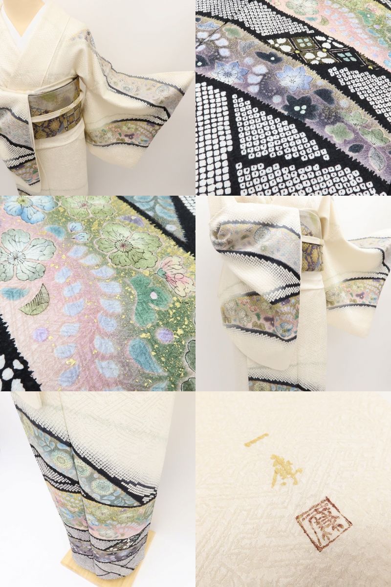 百華Y5697 美品 京友禅 吉野一簾落款 辻が花 箔ちらし 着物 正絹 手縫い仕立て 訪問着