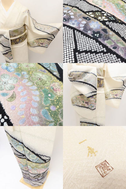 百華Y5697 美品 京友禅 吉野一簾落款 辻が花 箔ちらし 着物 正絹 手縫い仕立て 訪問着