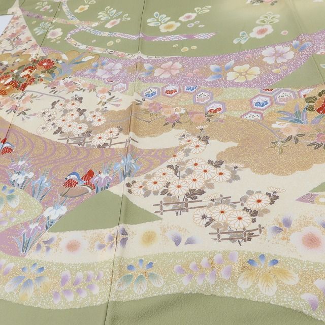 百華Y5701 美品 金駒刺繡 鴛鴦 トールサイズ 着物 正絹 手縫い仕立て 訪問着