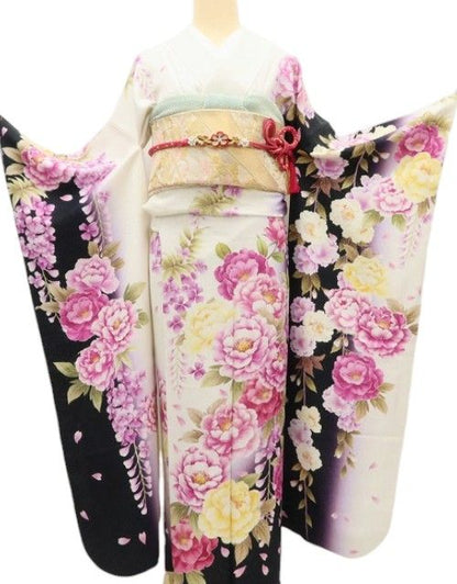 百華Y5711 美品 銀通し 着物 正絹 手縫い仕立て 成人式 振袖
