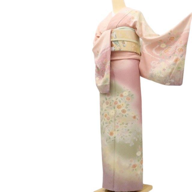 百華Y5734 青柳謹製 紋麗舎 落款 菊と椿を連れて...私から始まる春♪ トールサイズ 着物 正絹 手縫い仕立て 訪問着　