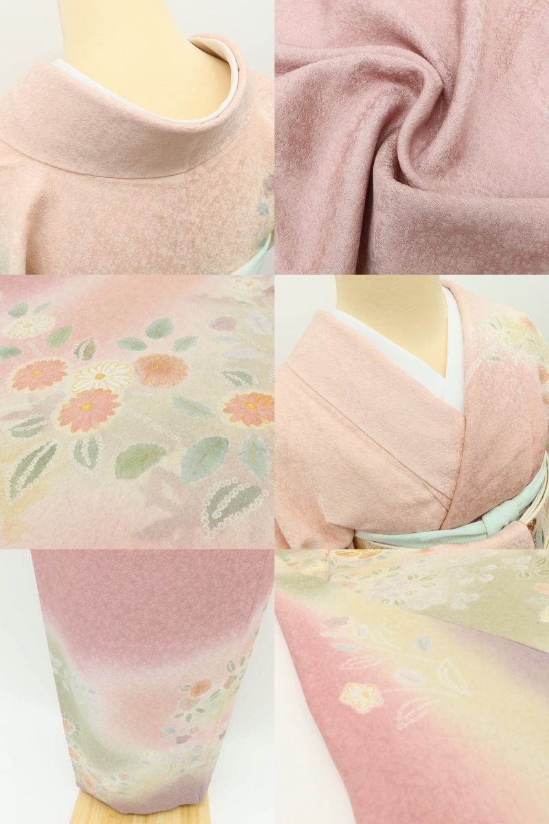百華Y5734 青柳謹製 紋麗舎 落款 菊と椿を連れて...私から始まる春♪ トールサイズ 着物 正絹 手縫い仕立て 訪問着　