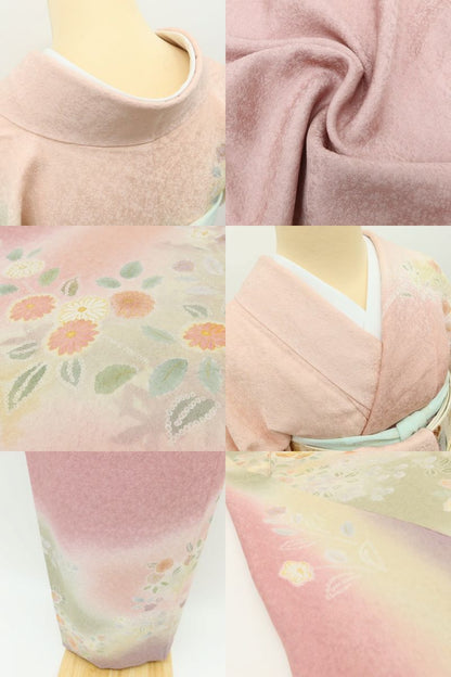 百華Y5734 青柳謹製 紋麗舎 落款 菊と椿を連れて...私から始まる春♪ トールサイズ 着物 正絹 手縫い仕立て 訪問着　