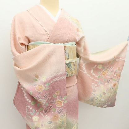 百華Y5734 青柳謹製 紋麗舎 落款 菊と椿を連れて...私から始まる春♪ トールサイズ 着物 正絹 手縫い仕立て 訪問着　