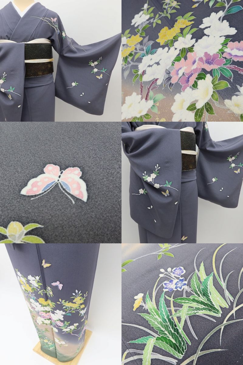 百華Y5736 美品 手描き友禅 蝶 作家物落款 着物 正絹 手縫い仕立て 訪問着