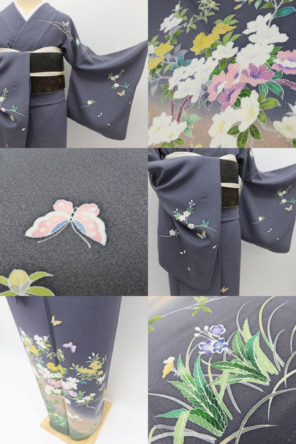 百華Y5736 美品 手描き友禅 蝶 作家物落款 着物 正絹 手縫い仕立て 訪問着