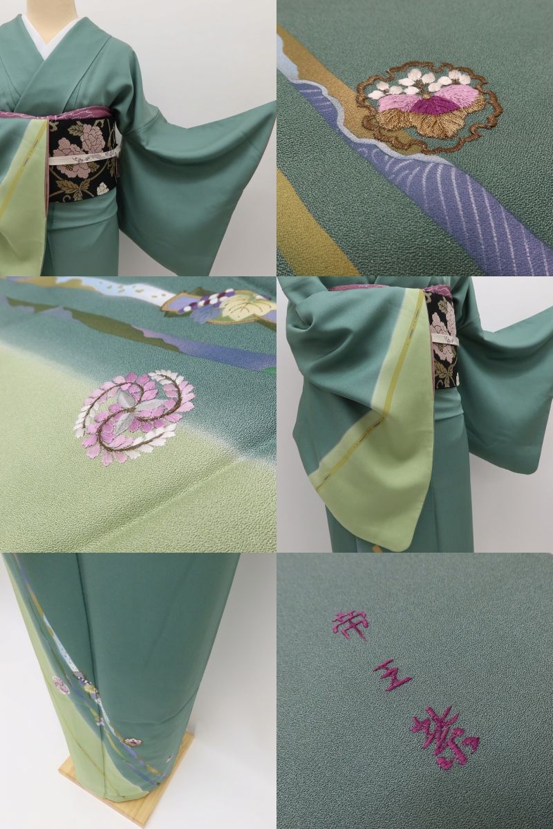 百華Y5738 美品 刺繍 帝王紫 雪輪 着物 正絹 手縫い仕立て 訪問着