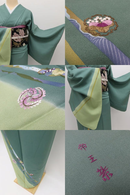 百華Y5738 美品 刺繍 帝王紫 雪輪 着物 正絹 手縫い仕立て 訪問着