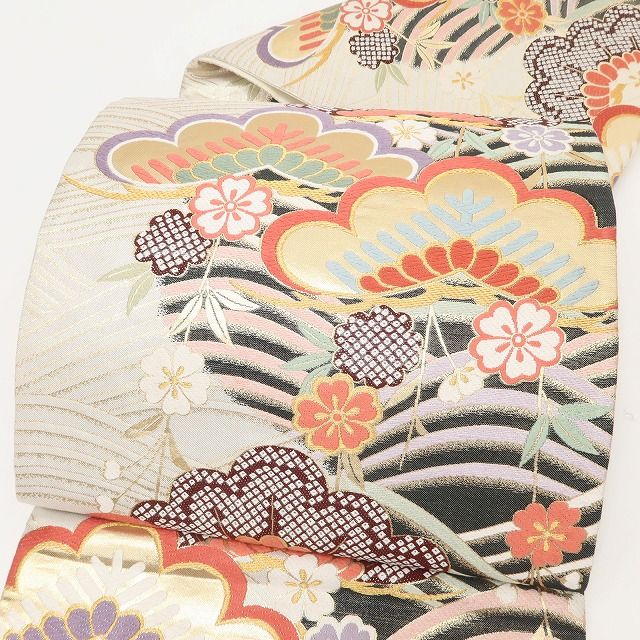百華Y5743 美品 着物 正絹 松 桜 成人式 袋帯