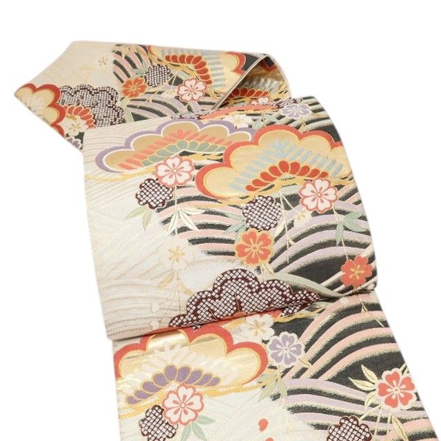 百華Y5743 美品 着物 正絹 松 桜 成人式 袋帯