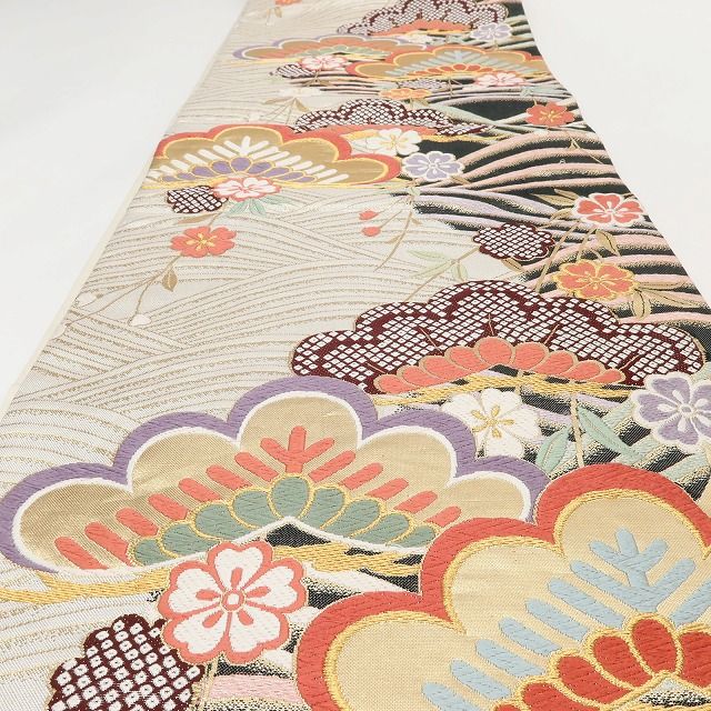 百華Y5743 美品 着物 正絹 松 桜 成人式 袋帯