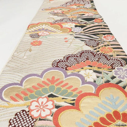 百華Y5743 美品 着物 正絹 松 桜 成人式 袋帯