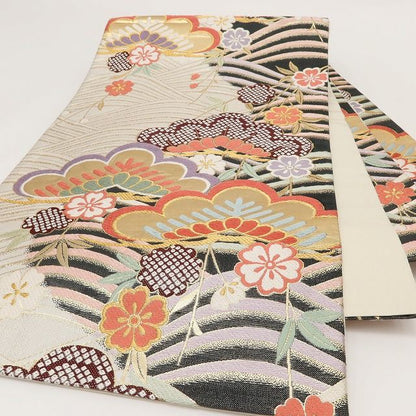 百華Y5743 美品 着物 正絹 松 桜 成人式 袋帯
