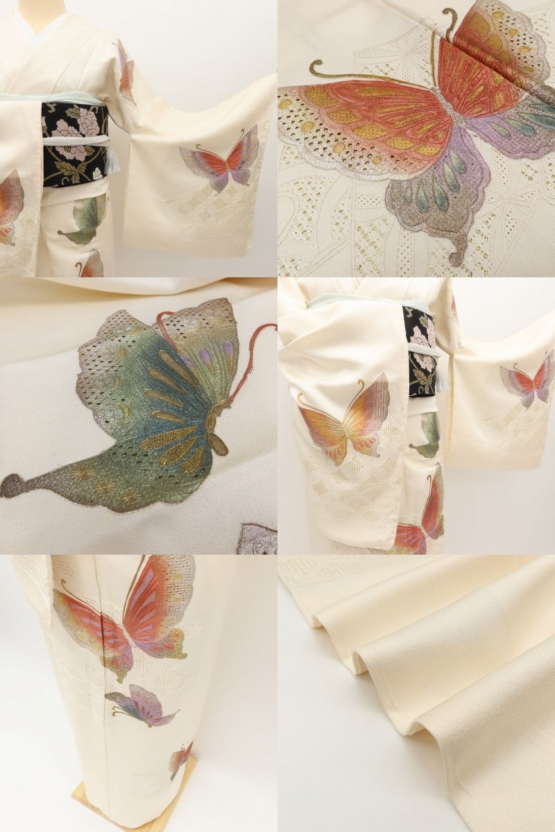 百華Y5750 美品未着用 仕付け糸付 スワトウ刺繍 蝶 着物 正絹 手縫い仕立て 訪問着
