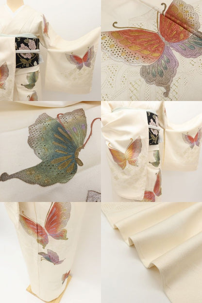 百華Y5750 美品未着用 仕付け糸付 スワトウ刺繍 蝶 着物 正絹 手縫い仕立て 訪問着