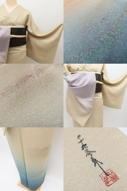 百華Y5760 美品 一つ紋 友禅作家 千地泰弘落款 着物 正絹 手縫い仕立て 訪問着