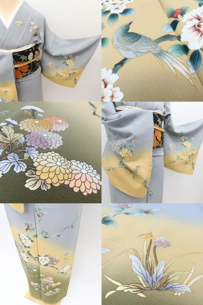 百華Y5768 新品 仕付け糸付 鳥 牡丹 南天 菊 桔梗 着物 正絹 手縫い仕立て 訪問着