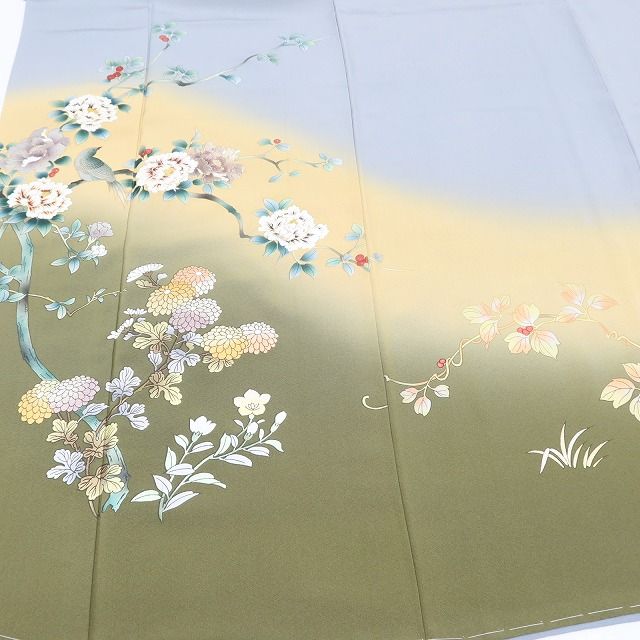 百華Y5768 新品 仕付け糸付 鳥 牡丹 南天 菊 桔梗 着物 正絹 手縫い仕立て 訪問着