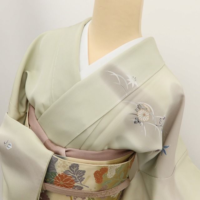 百華Y5778 新品 仕付け糸付 金駒刺繍 菊 笹 葵 着物 正絹 手縫い仕立て 訪問着