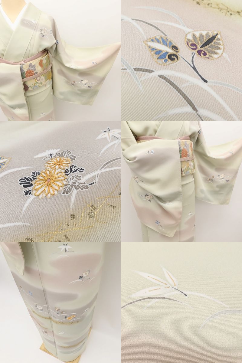 百華Y5778 新品 仕付け糸付 金駒刺繍 菊 笹 葵 着物 正絹 手縫い仕立て 訪問着