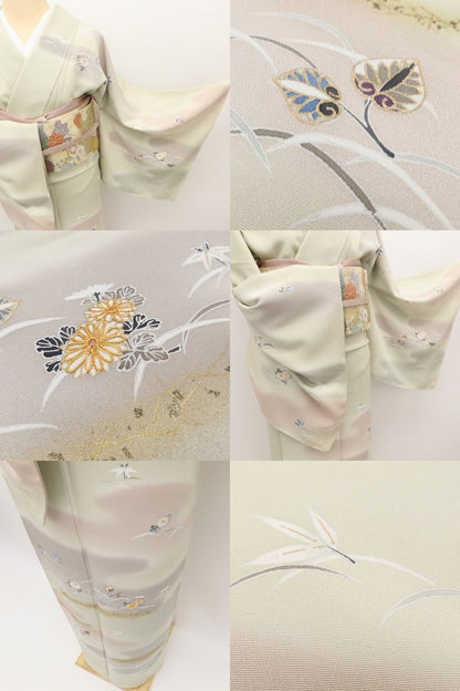 百華Y5778 新品 仕付け糸付 金駒刺繍 菊 笹 葵 着物 正絹 手縫い仕立て 訪問着