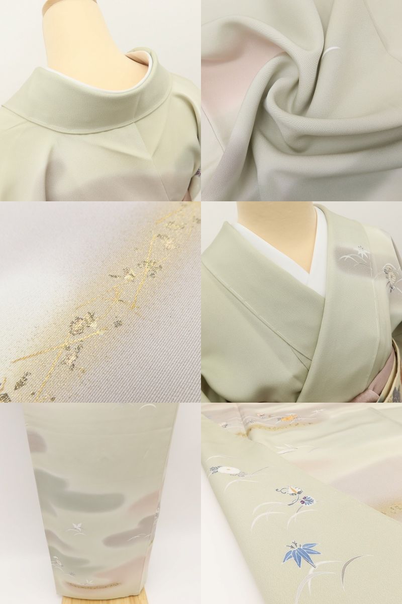 百華Y5778 新品 仕付け糸付 金駒刺繍 菊 笹 葵 着物 正絹 手縫い仕立て 訪問着