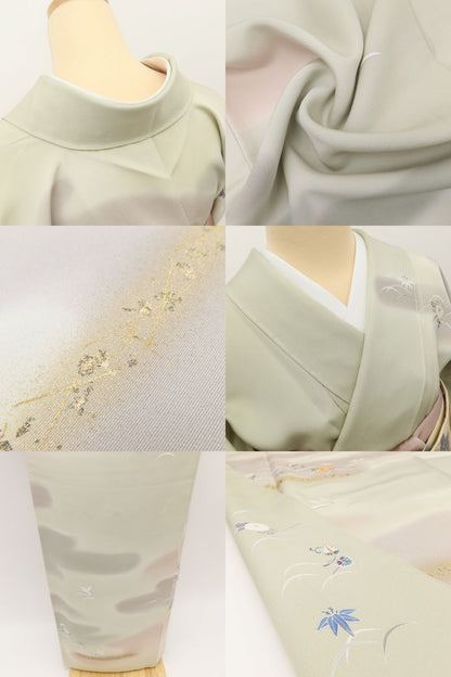 百華Y5778 新品 仕付け糸付 金駒刺繍 菊 笹 葵 着物 正絹 手縫い仕立て 訪問着
