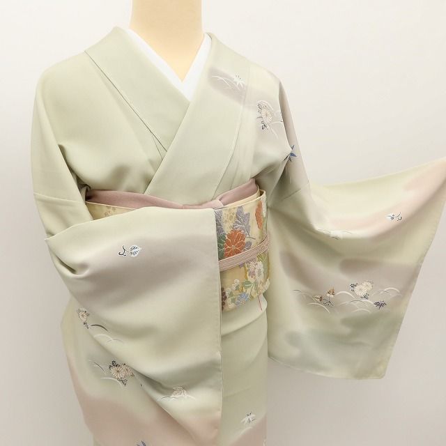 百華Y5778 新品 仕付け糸付 金駒刺繍 菊 笹 葵 着物 正絹 手縫い仕立て 訪問着
