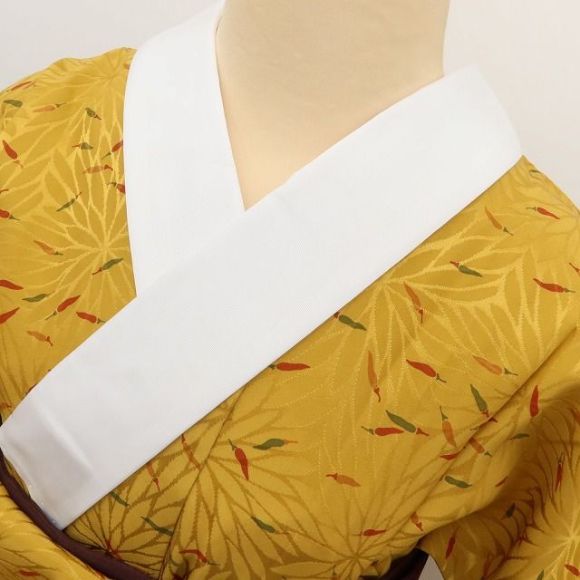 百華Y5797 新品 仕付け糸付 半襟付 唐辛子 菊 袖無双 単衣 正絹 手縫い仕立て 長襦袢