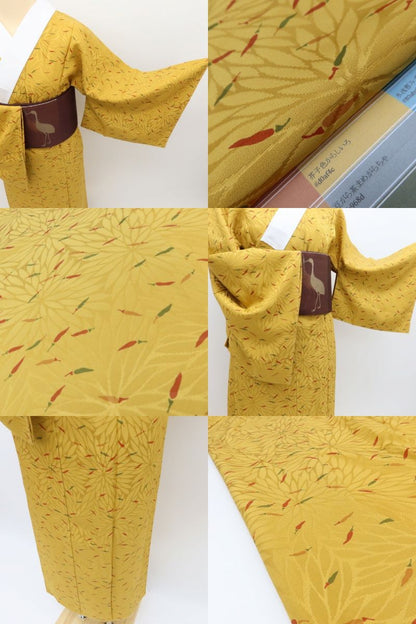 百華Y5797 新品 仕付け糸付 半襟付 唐辛子 菊 袖無双 単衣 正絹 手縫い仕立て 長襦袢