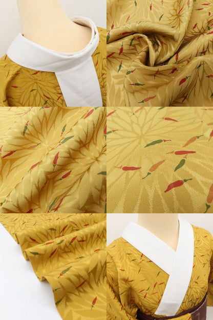 百華Y5797 新品 仕付け糸付 半襟付 唐辛子 菊 袖無双 単衣 正絹 手縫い仕立て 長襦袢