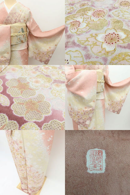 百華Y5823 美品 青柳謹製 紋麗舎 落款 金駒刺繍 着物 桜 正絹 手縫い仕立て 訪問着