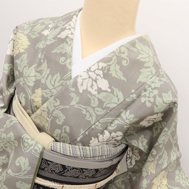 百華Y5829 美品 牡丹唐草 作家物落款 着物 正絹 手縫い仕立て 紬