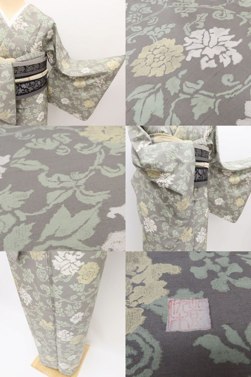 百華Y5829 美品 牡丹唐草 作家物落款 着物 正絹 手縫い仕立て 紬