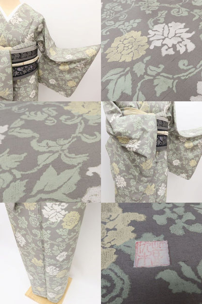 百華Y5829 美品 牡丹唐草 作家物落款 着物 正絹 手縫い仕立て 紬