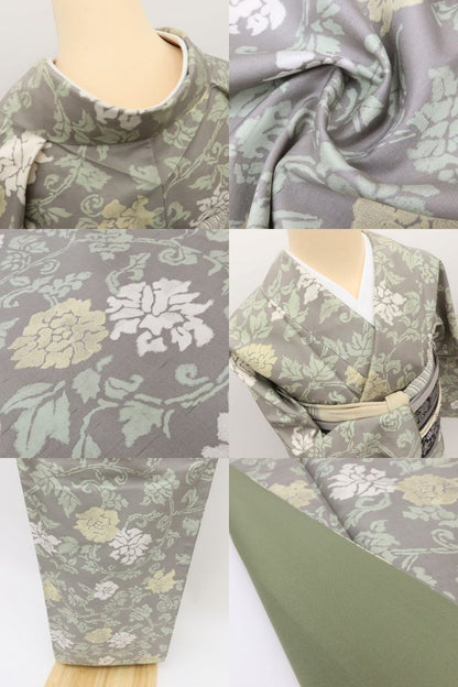 百華Y5829 美品 牡丹唐草 作家物落款 着物 正絹 手縫い仕立て 紬