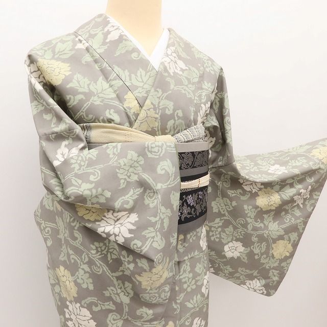 百華Y5829 美品 牡丹唐草 作家物落款 着物 正絹 手縫い仕立て 紬